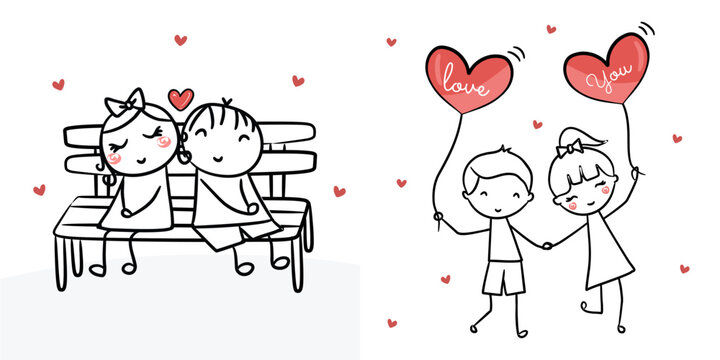 Happy couple illustration Cute couple Girl and boy Couple in love Sitting in a stool - Happy couple illustration Cute couple Girl and boy Couple in love Couple kidding balloon