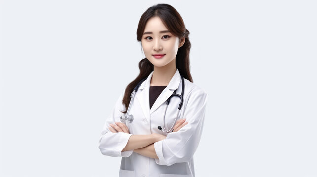 Asian professional woman doctor in a medical uniform is standing smiling Holding hands with white background. New normal and healthcare concept