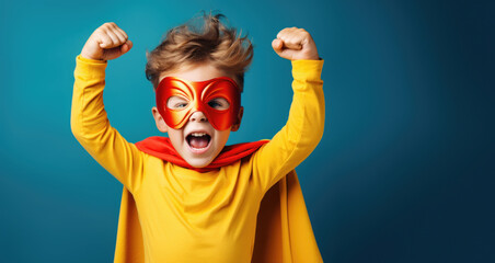 Children wearing superhero costumes and displaying masks - obrazy, fototapety, plakaty