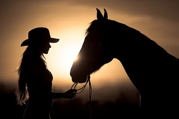 Fototapeten Silhouette of a cowgirl riding a horse equestrian illustration wallpaper © Ali