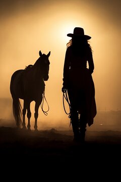 Silhouette Of A Cowgirl Riding A Horse Equestrian Illustration Wallpaper