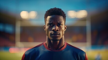 An AfricanAmerican man wearing a navy blue soccer jersey with the sleeves rolled up showcases a determined look on his face against a colorful outoffocus soccer field.