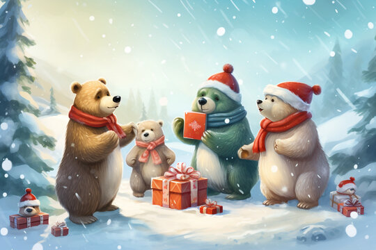 Cute Christmas animals post card or background. High quality photo