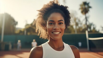 A sharp shot of a mixedrace female tennis athlete standing still in the middle of a defocused outdoor tennis court. - obrazy, fototapety, plakaty