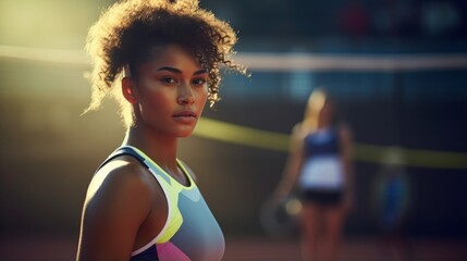A sharp shot of a mixedrace female tennis athlete standing still in the middle of a defocused outdoor tennis court. - obrazy, fototapety, plakaty
