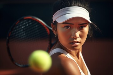 A tight closeup of a Eurasian female tennis player with a blurred tennis court in the background.