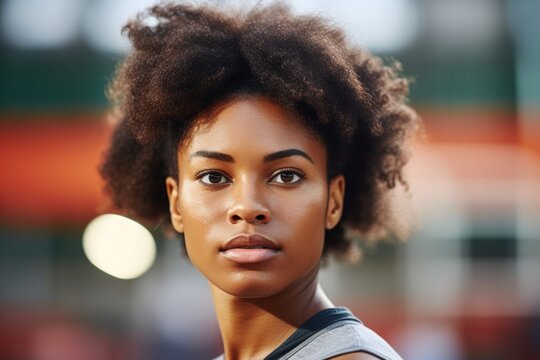 An African American lady with a determined look in her eyes standing still against a blurred basketball court backdrop. - Powered by Adobe