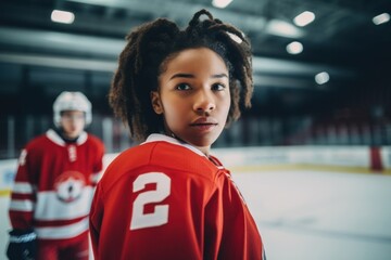 A female AfroAmerican ice hockey athlete looking straight ahead with a confident stance against an out of focus backdrop of the ice hockey rink.