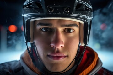 A Hispanic male ice hockey player with a focused expression standing closeup in the midst of an unclear view of the ice rink.