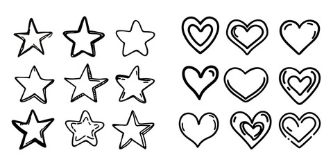 Set of stars. Outline of stars. Blank Stars - Carton Hearts. Love hearts. Valentine's day