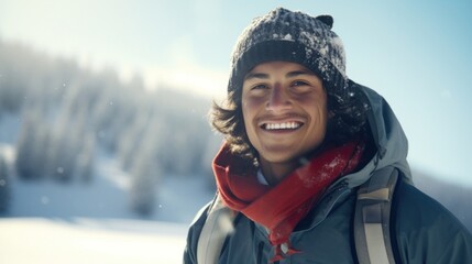 An excited Native American male skier in a standstill closeup portrait with a softly defocused skiing landscape background.