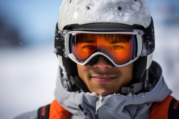 A focused Latin American male skier posed in a standstill closeup portrait against a partially blurred winter background.