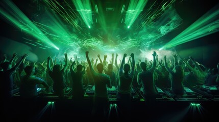 Techno rave party club. DJ in front of dancing party people. Electronic music, techno or raving in laser. Night club crowd dance with hands up in green neon lights- generative AI, fiction Person