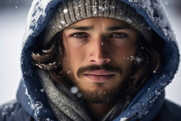 A Hispanic male snowboarder with brown eyes captured in a closeup portrait as he stands still against a defocused backdrop of white and dark blue powdered snow.