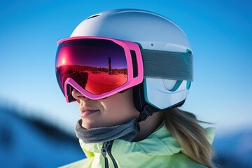 A Caucasian female snowboarder with pink helmet and protective glasses captured in a portrait against a blurred backdrop of white blue and green wintery landscape.