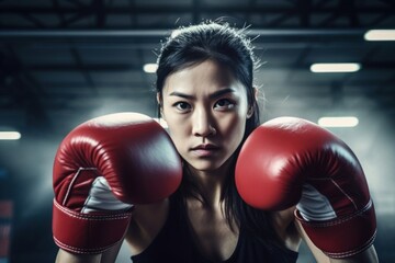 Fearless Asian female boxer with red gloves held high sharply silhouetted against a hazy background of sports equipment.