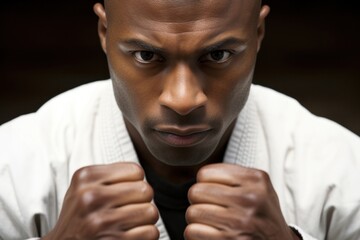 A muscular AfricanAmerican male martial artist eyes focused and fists clenched in front of a faint image of a martial arts dojo.