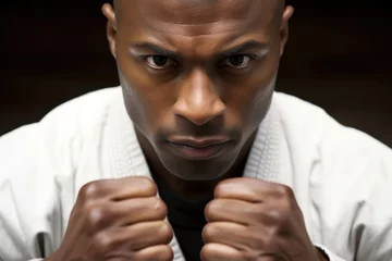 Fotobehang A muscular AfricanAmerican male martial artist eyes focused and fists clenched in front of a faint image of a martial arts dojo. © Justlight