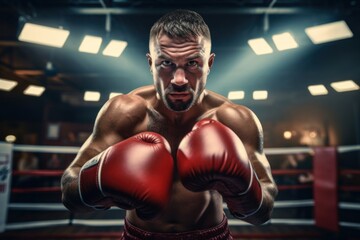 Athletic Caucasian boxer with fists clenched up and arms bent squaring up against a ly visible plethora of boxing accessories in the background.