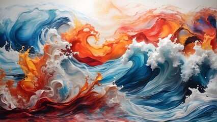 abstract painting ocean random waves vibrant with foam, surrealism - obrazy, fototapety, plakaty