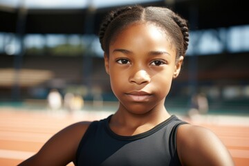 African American female gymnast standing in a stationary position and facing the camera with a soft focus sports field in the background.