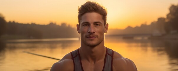 A male rower in a stand still portrait with a blurred sunset over a river.