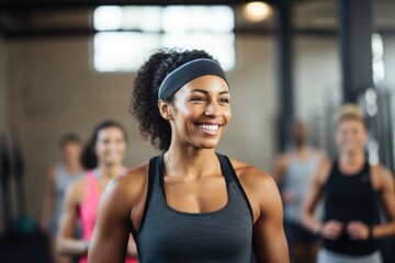 A black woman in a crossfit headband stands still against a defocused background of a fitness class in action.