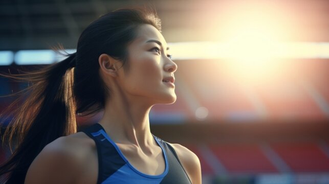 A relaxed closeup portrait of an Asian female track and field athlete her head tilted slightly to the side against a dreamlike backdrop of stadiums and running tracks.