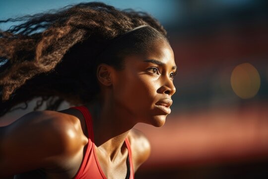 A composed closeup of an African female track and field athlete her relaxed expression conveying determination against a blurred background of hurdling stadiums and running tracks.
