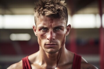 A fit Caucasian Muay Thai practitioner with a stoic expression in sharp relief against a blurred football field.