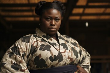 A closeup of an African American woman sumo wrestler proudly standing still with a determined expression against a soft focus background of a rikkishi match.