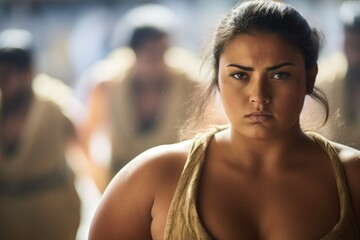 Fototapeta na wymiar A Middle Eastern female sumo wrestler with a sharply determined face immovably resists against a defocused athletes hall of a sumo wrestling tournament.