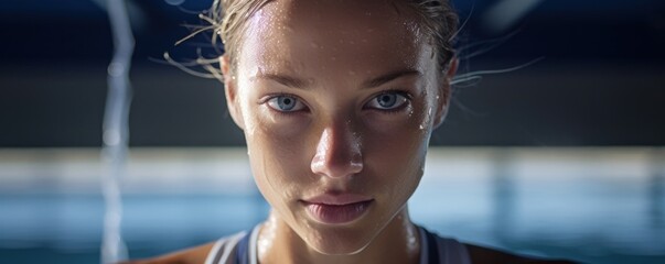A white female synchronized swimmer in a closeup portrait her eyes bright and focused wearing a navy blue onepiece with a hazy background of swimmers in the pool.