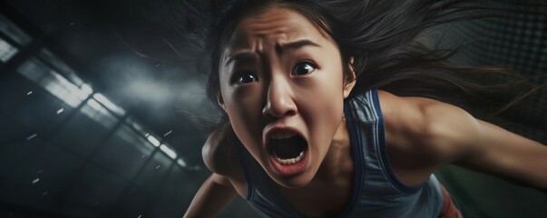 A trampoline serves as the setting for an Asian athlete in a closeup shot her facial expression stoic as screams from the action of a sport behind her echo in the air.