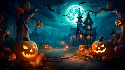 Halloween backgrounds in a fun cartoon style. Halloween wallpaper with pumpkins, spooky houses and ghosts. Generative AI