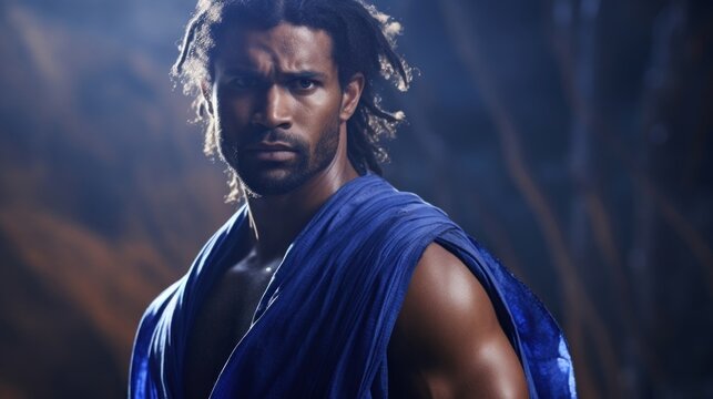A darkskinned Aboriginal male wearing a Royalblue gi poised and confident focusing on the goal as he stands still.
