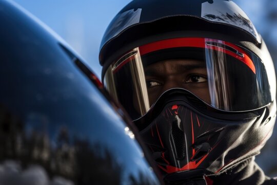 An AfricanAmerican male bobsleigh athlete posed in an action stance the focus on his face while the blurred background of the bobsleigh track indicates his sport