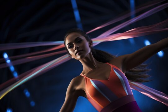A South Asian rhythmic gymnast jumping with ribbons aloft in front of a dreamy underexposed gymnasium.