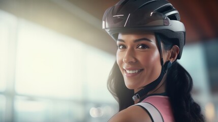 A brighteyed Hispanic woman wearing a track cycling helmet and team apparel standing still against a dreamy and defocused sports scene. - obrazy, fototapety, plakaty
