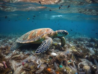 Obraz premium Turtle near plastic trash at the ocean