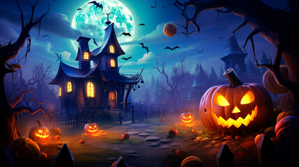 Fototapeta na wymiar Halloween backgrounds in a fun cartoon style. Halloween wallpaper with pumpkins, spooky houses and ghosts. Generative AI