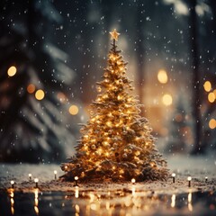Decorated Christmas tree with bokeh light of snowfall background.