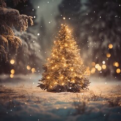 Decorated Christmas tree with bokeh light of snowfall background.