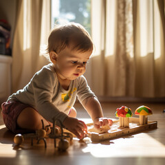Chłopiec bawiący się zabawką Montessori, 