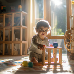 Dziewczynka bawiąca się zabawką Montessori, niemowlę 8 miesięcy