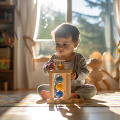 Chłopiec bawiący się zabawką Montessori