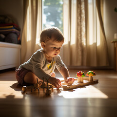 Chłopiec bawiący się zabawką Montessori, 9 miesięcy niemowlak