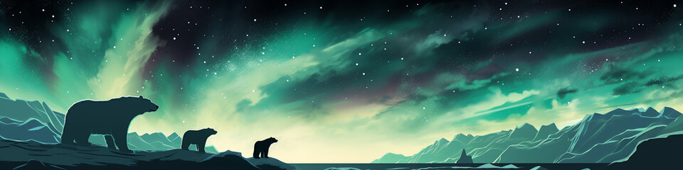 Obraz na płótnie Canvas An Illustration of a Grainy Aurora Borealis with Oversized Polar Bears