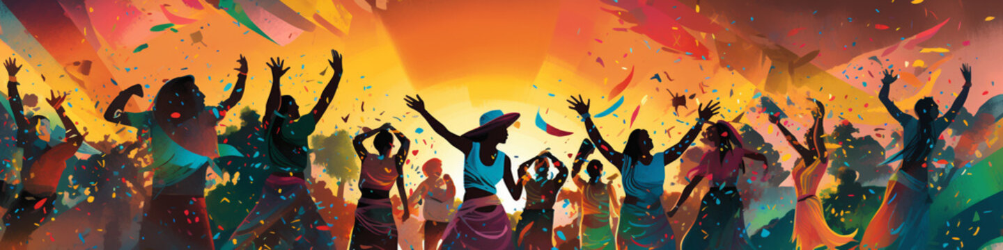An Illustration of a Central American Fiesta with Dancing Figures and Colorful Confetti