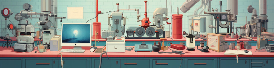 An Illustration of a Risograph-Style Laboratory with Oversized Instruments